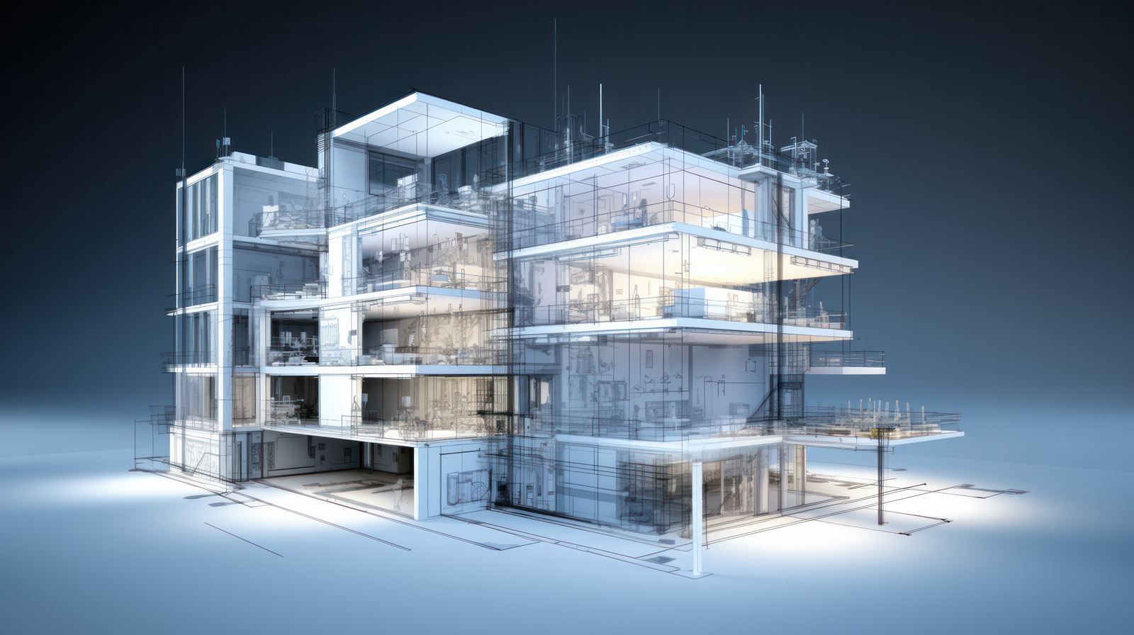 A glowing wireframe render of a building showing a photoreal 3D reconstruction