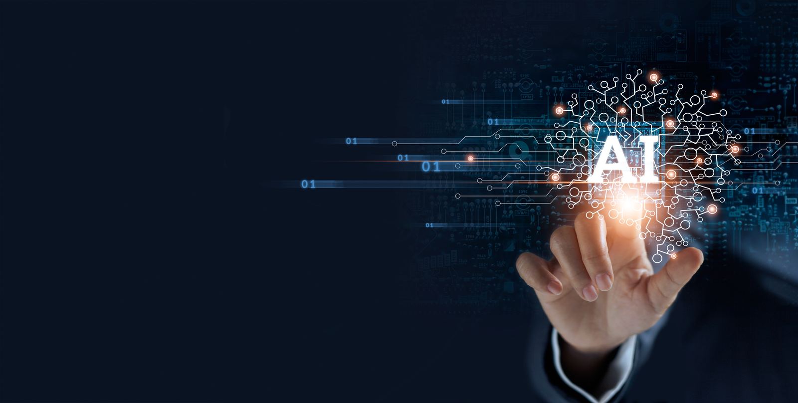 A hand reaching toward a glowing circuit pattern representing automated detection technology