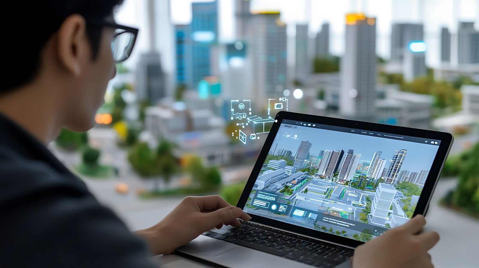 A person reviewing a 3D city and digital twin model on a laptop