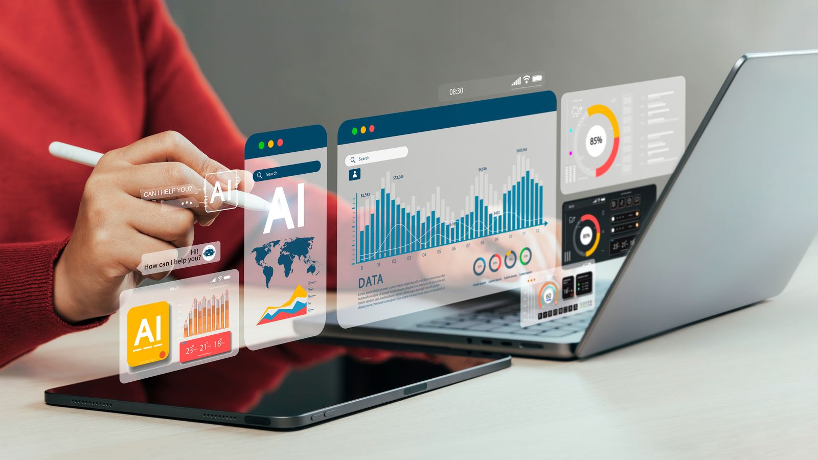 A hand using a stylus over a data dashboard showing measurement and comparison charts