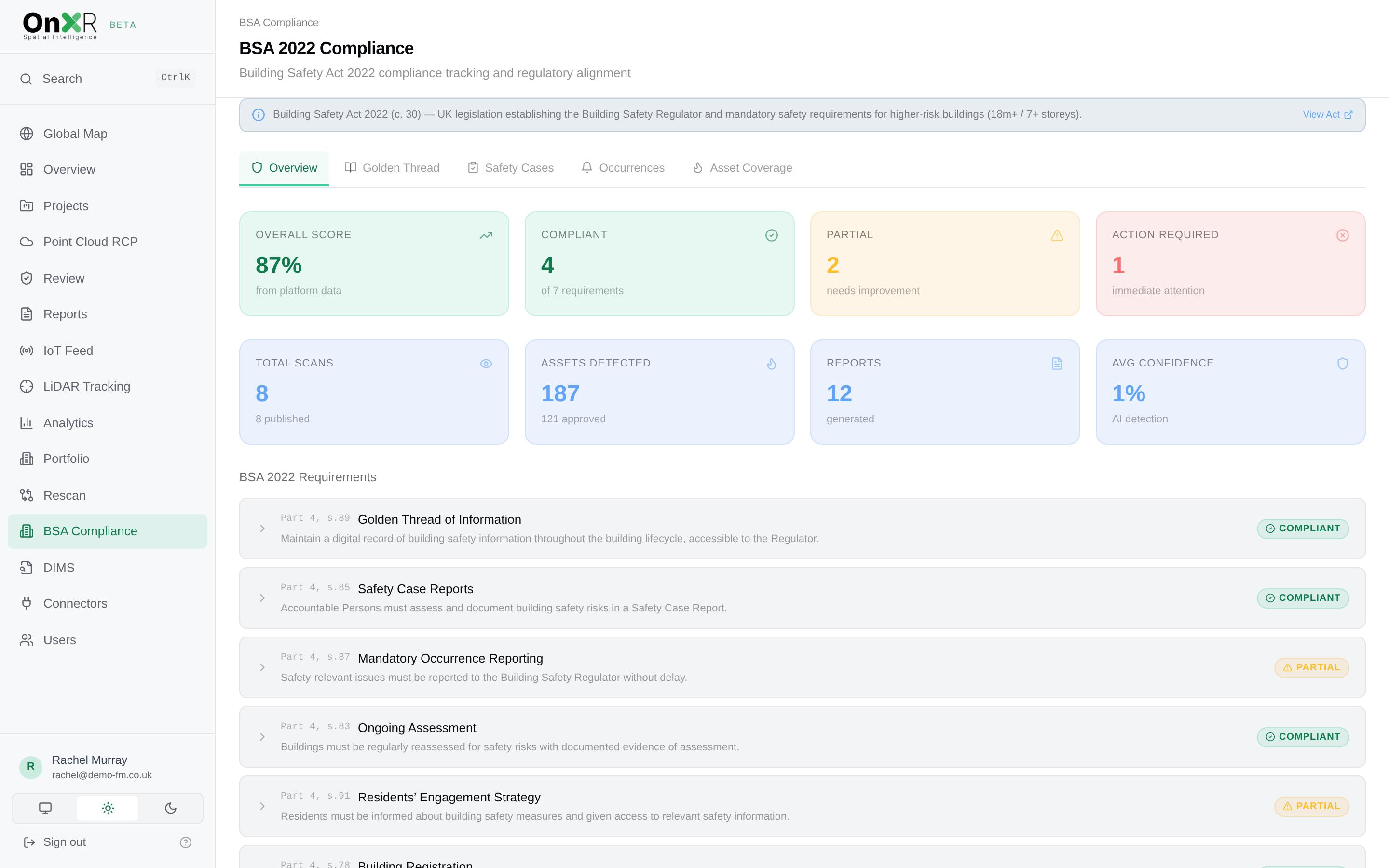 OnXR Building Safety Act 2022 compliance tracking with per-requirement status