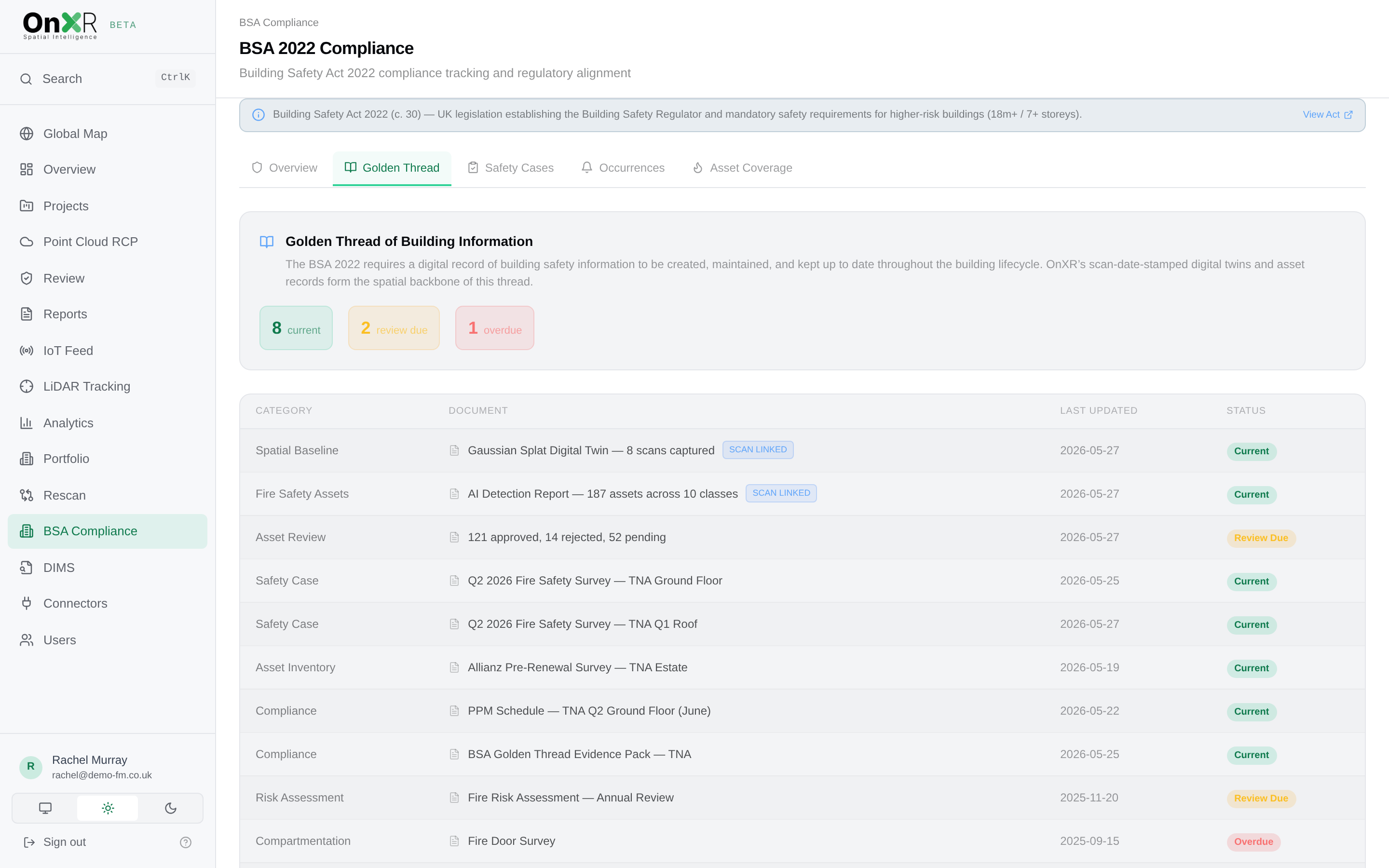 Building Safety Act 2022 golden thread compliance report in OnXR