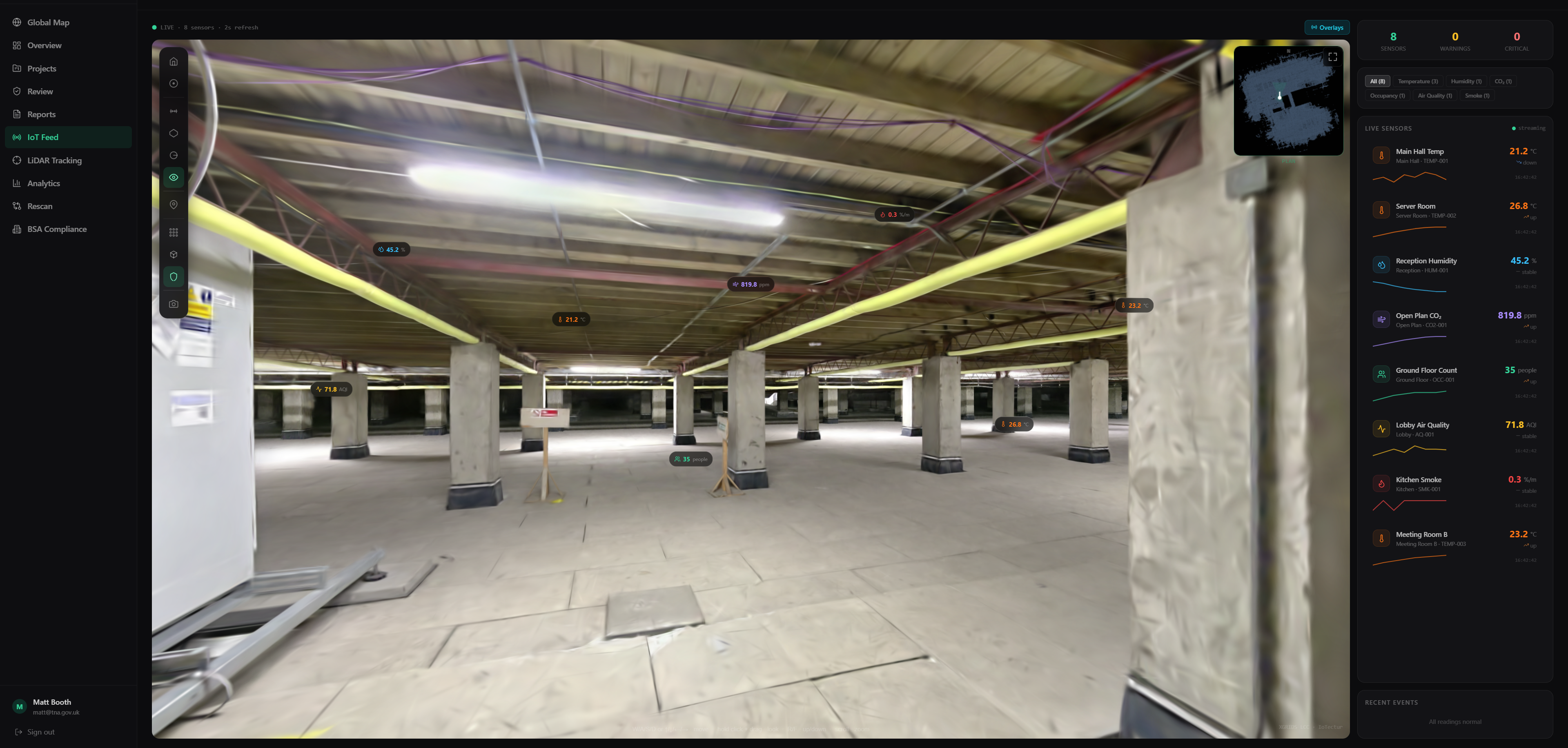 Live IoT sensor feed overlaid in the OnXR 3D digital twin, temperature, CO2, humidity, occupancy and air-quality readings tied to physical locations